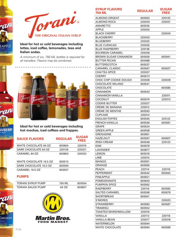 Torani syrup and sauce flavors flyer